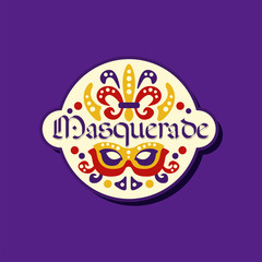 Colorful logo or label for masquerade. Carnival stickers with Brazilian feather headdress, original lettering font with decoration. Vector illustration