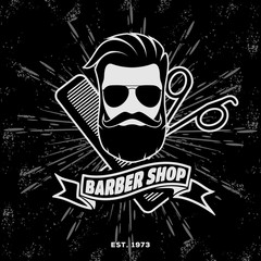 Barber shop vintage poster, banner, label, badge, or emblem on dark background. Vector illustration