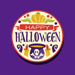 Happy Halloween sticker with lettering, pumpkin, cauldron with a potion and candles. Autumn holiday celebration. Flat vector illustration.
