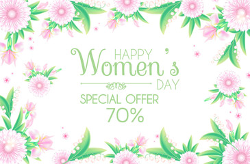 8 March. Women's Day Greeting and Invitation with Soft Flowers. Cute Card Design Template for Birthday, Anniversary, Wedding, Baby and Bride Shower and so on.