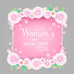 8 March. Women's Day Greeting and Invitation with Soft Flowers. Cute Card Design Template for Birthday, Anniversary, Wedding, Baby and Bride Shower and so on.