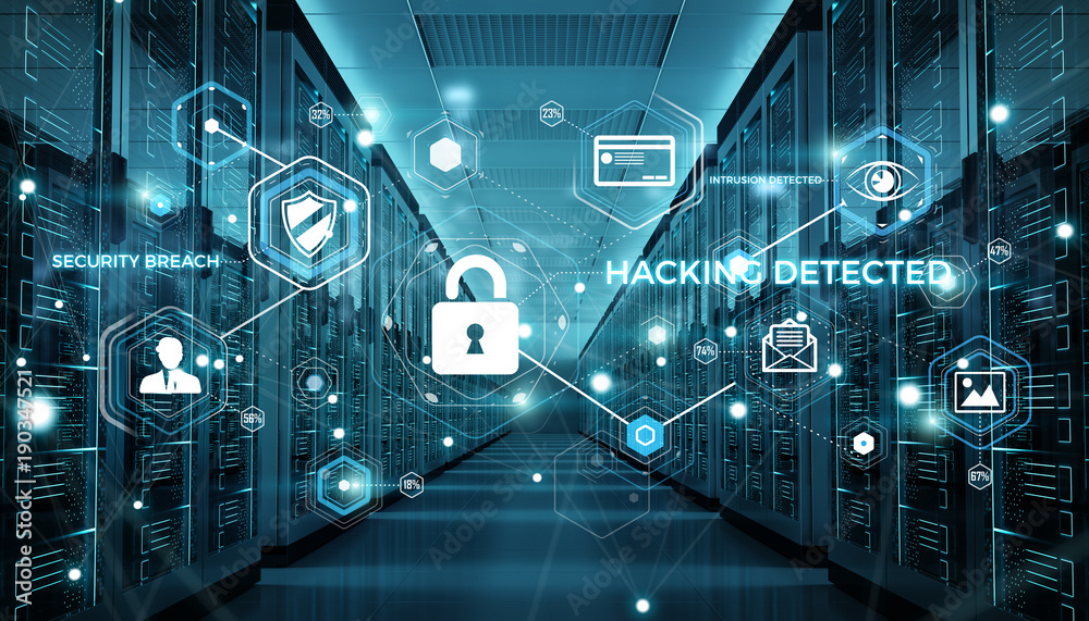 Leinwandbilder firewall activated on server room data center 3d rendering