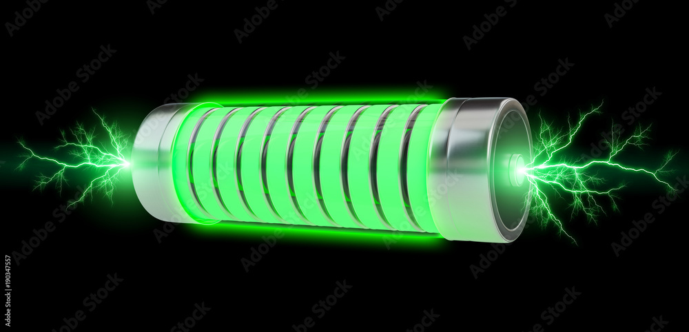 Aufkleber green battery with lightnings 3d rendering