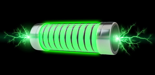 Green battery with lightnings 3D rendering © sdecoret