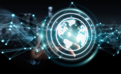 Businessman using planet earth network sphere 3D rendering