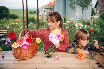 Two funny kids making chrysanthemum and dahlia flowers bouquet