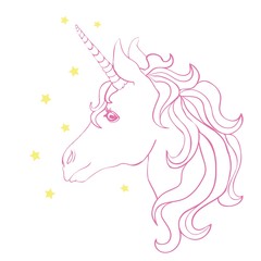 Unicorn vector icon isolated on white. Head portrait horse sticker, patch badge. Cute magic cartoon fantasy cute animal. Rainbow hair. Dream symbol. Design for children
