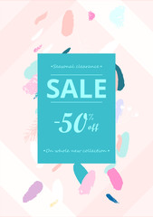 Trendy Sale Banner Design with different hand drawn organic shapes and textures. Social Media Cute backdrop for advertising, web design, posters, invitations, greeting cards, birthday, anniversary