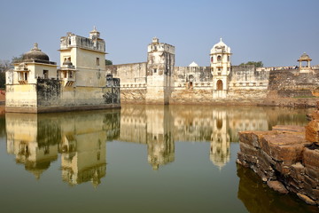 Reflections of Padmini's Palace, located inside the fort (Garh) of Chittorgarh, Rajasthan, India