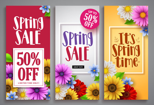 Spring sale vector poster set with colorful background templates, frames and various daisy flowers for spring seasonal discount marketing and background designs. Vector illustration.
