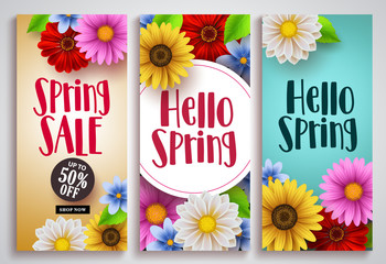 Spring sale and hello spring vector poster set designs with colorful background templates and various daisy flowers for spring season discount promotion and greeting cards. Vector illustration.   © AmazeinDesign