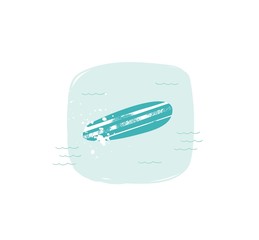 Hand drawn vector abstract cartoon summer time fun illustration with surfboard in simple blue ocean waves isolated on white background