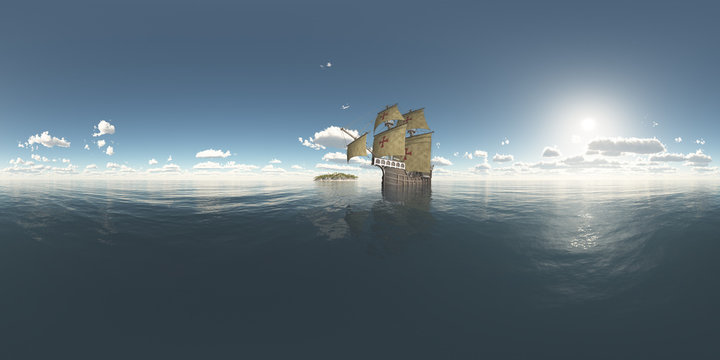 360 Grad Panorama mit Insel und portugiesischer Karavelle aus dem fünfzehnten Jahrhundert 