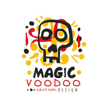 Original Voodoo African and American magic logo or label design with abstract hand drawn mystic skull and decoration. Mystical vector illustration