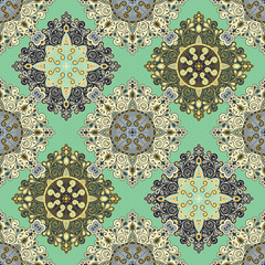 Vector abstract seamless patchwork pattern. Arabic tile texture with geometric and floral ornaments, stylized flowers, dots and lace. Vintage vector card.