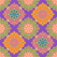 Vector abstract seamless patchwork pattern. Arabic tile texture with geometric and floral ornaments, stylized flowers, dots and lace. Vintage vector card.