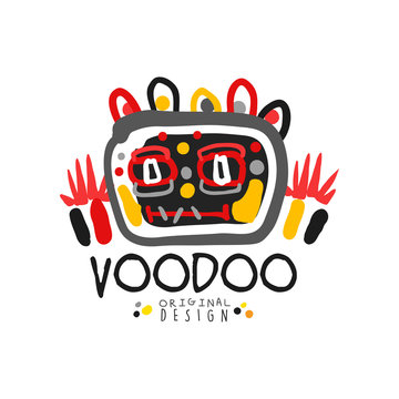 Kid s style Voodoo magic logo original template design with abstract scary head and decoration. Magical or mystical theme print. Hand drawn vector illustration