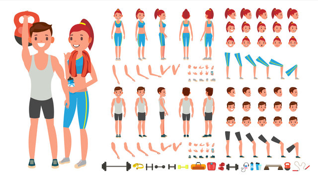 Fitness Girl, Man Vector. Animated Sport Male, Female Character Creation Set. Full Length, Front, Side, Back View, Accessories, Poses, Face Emotions, Gestures. Isolated Flat Cartoon Illustration