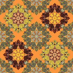 Vector abstract seamless patchwork pattern. Arabic tile texture with geometric and floral ornaments, stylized flowers, dots and lace. Vintage vector card.