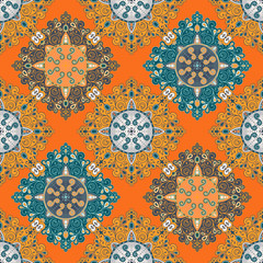 Vector abstract seamless patchwork pattern. Arabic tile texture with geometric and floral ornaments, stylized flowers, dots and lace. Vintage vector card.