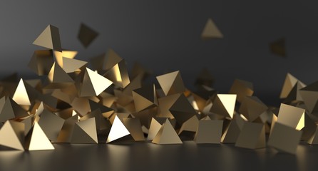 3D Rendering Of Abstract Chaotic Gold Pyramids Background