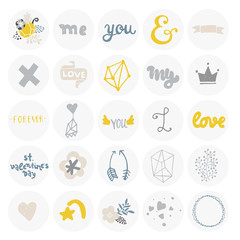 Loft set of love graphic elements, stickers with lettering, polygon, flowers, leaf and branches.