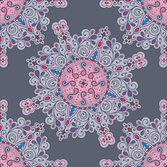 Vector abstract seamless patchwork pattern. Arabic tile texture with geometric and floral ornaments, stylized flowers, dots and lace. Vintage vector card.