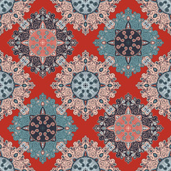 Vector abstract seamless patchwork pattern. Arabic tile texture with geometric and floral ornaments, stylized flowers, dots and lace. Vintage vector card.