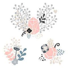 Floral heart concept wreaths and laurels with polygon, flowers, leaf and branches. Vector elements isolated on white background, tribal, loft style. 