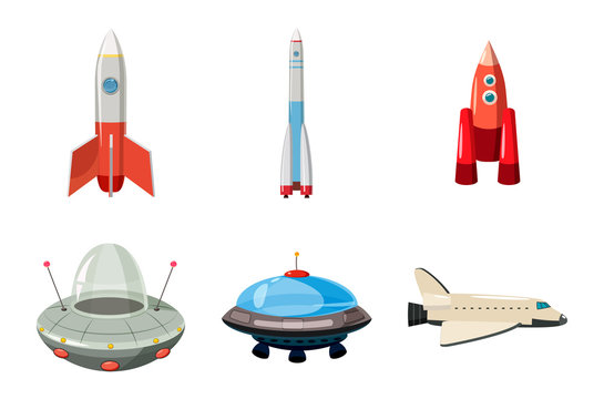 Spaceship icon set, cartoon style