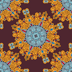 Vector abstract seamless patchwork pattern. Arabic tile texture with geometric and floral ornaments, stylized flowers, dots and lace. Vintage vector card.