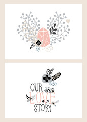 Vector set of post cards, invitations with hand drawn lettering, flowers and decorative elements. Boho and vintage style