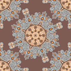 Vector abstract seamless patchwork pattern. Arabic tile texture with geometric and floral ornaments, stylized flowers, dots and lace. Vintage vector card.