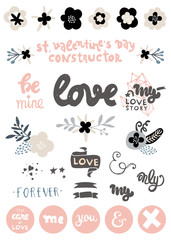 Set elegance trendy hand sketched wedding elements set. Collection floral doodles, branches, flowers,lettering, banners and frames. Ideal for Save the Date cards, Wedding invitations, St. valentine