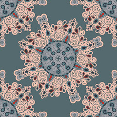 Vector abstract seamless patchwork pattern. Arabic tile texture with geometric and floral ornaments, stylized flowers, dots and lace. Vintage vector card.