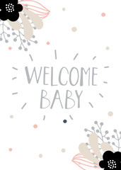 Baby shower girl and boy posters, vector templates. Vintage style with leaves, flowers, lettering. Modern and trendy cards with hand drawn text and elements on white background