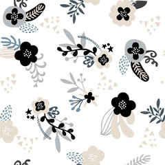 Elegant handdrawn floral trendy pattern in black and blue on white background. Seamless abstract repeat textile, gift wrap, wall art design. 