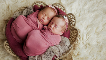 twins sisters newborn in the winding and in a basket