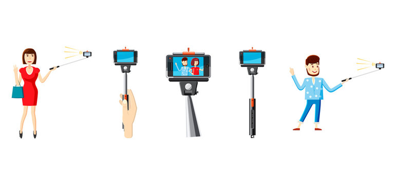 Selfie stick icon set, cartoon style