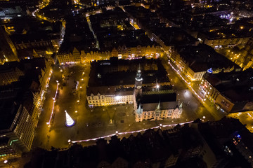 Aerial: Old square of Wroclaw at night