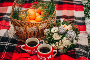 Background with tea and mandarins