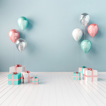 3D interior illustration with blue, white, and pink balloons and gift boxes. Glossy composition with empty space for birhtday, easter, party or other promotion social media banners.