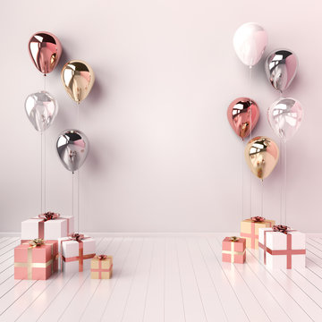 3D interior illustration with white, golden, silver and rose gold balloons and gift boxes. Glossy metallic composition with empty space for birhtday, party or other promotion social media banners.