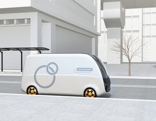 Fototapeta premium Side view of self-driving delivery van stopping in the street. 3D rendering image.