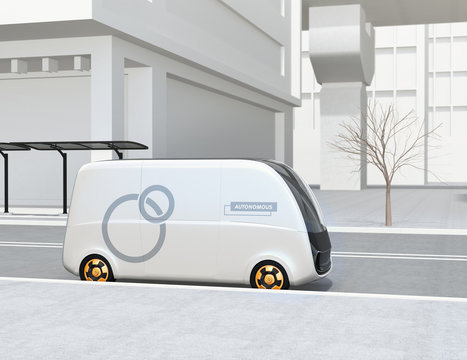 Side view of self-driving delivery van stopping in the street. 3D rendering image.