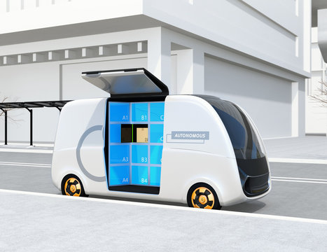 Self-driving delivery van's side door opened. User can pick up their parcels from the locker.  Automatic delivery system concept. 3D rendering image.
