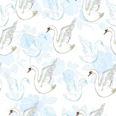 Seamless pattern with white swans. Vector.