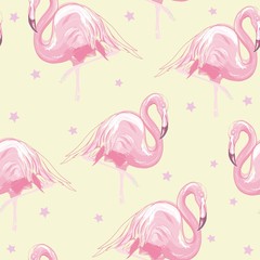 Beautiful seamless vector tropical pattern background with flamingo and hibiscus. Abstract texture, stripes. Perfect for wallpapers, web page backgrounds, surface textures, textile.