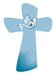 Christian cross baptism. Holy spirit symbol with dove and waves of water