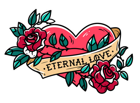 Heart entwined in climbing rose tattoo. Tattoo heart with ribbon and roses.  Eternal love. Forever love Stock Vector | Adobe Stock